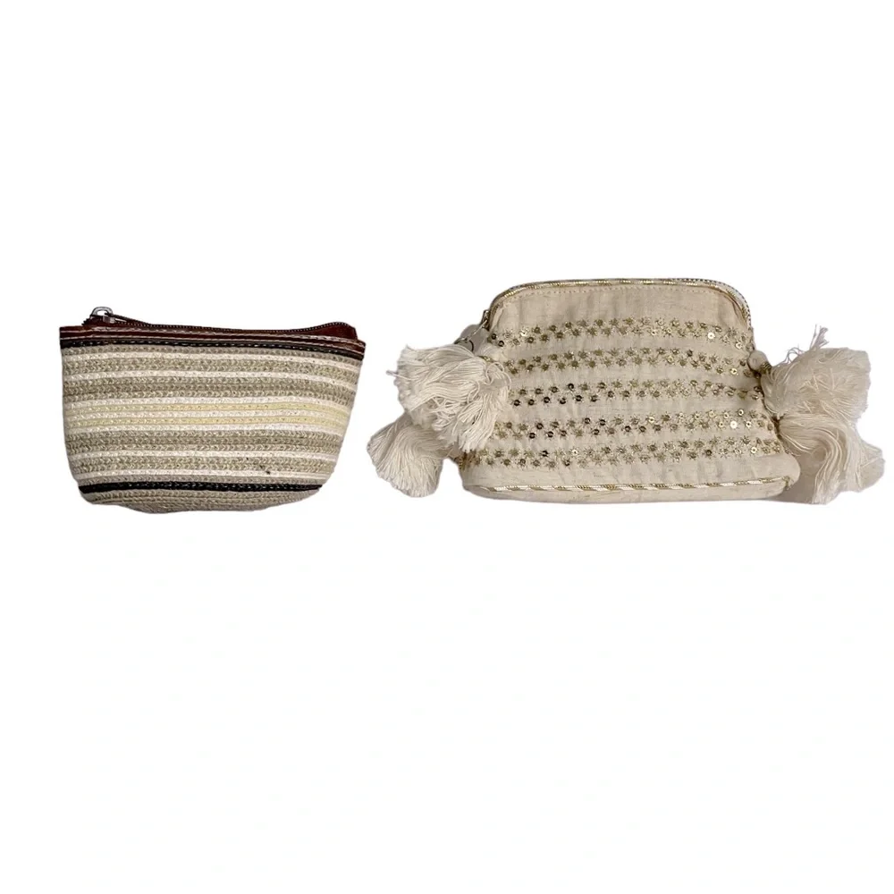 ANTHROPOLGIE Cosmetic Makeup Bag Bundle Natural Colors Tassels Sequins